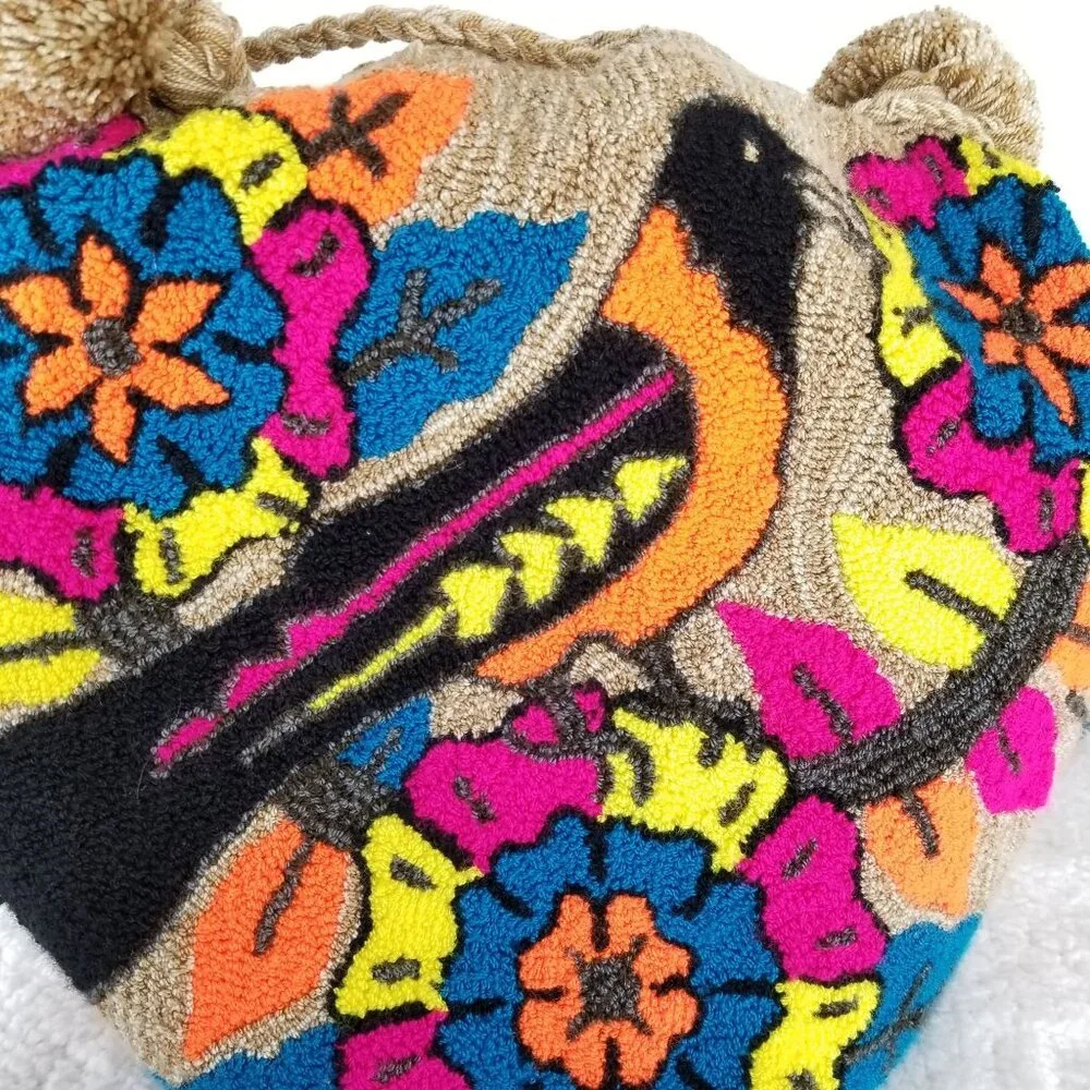 Handwoven Boho Bird & Floral Design Tote Bag With Tassels‎ & Pom-Poms《321》P